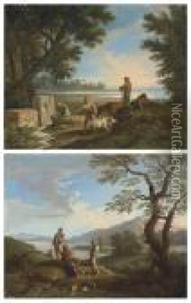 A Pastoral Landscape, With A Woman At A Well, Goatherds And The Seabeyond Oil Painting - Andrea Locatelli