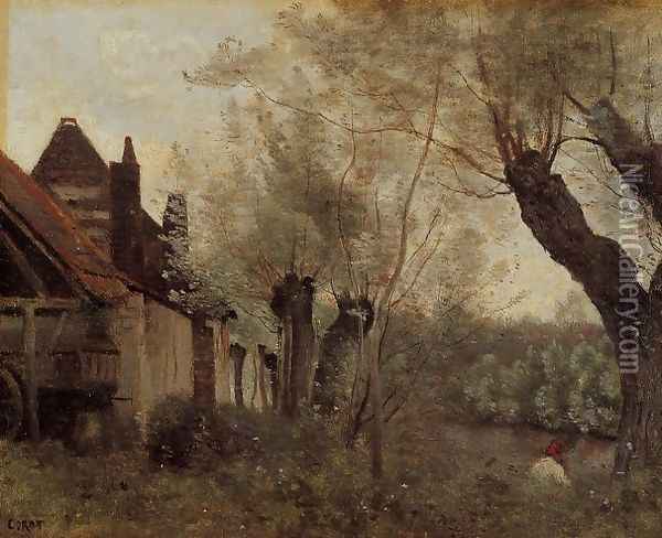 Willows and Farmhouses at Saint-Catherine-les Arras Oil Painting - Jean-Baptiste-Camille Corot