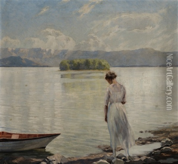 Frau In Weisem Kleid Am Seeufer (wohl Schliersee) Oil Painting - Peter von Hamme-Voitus