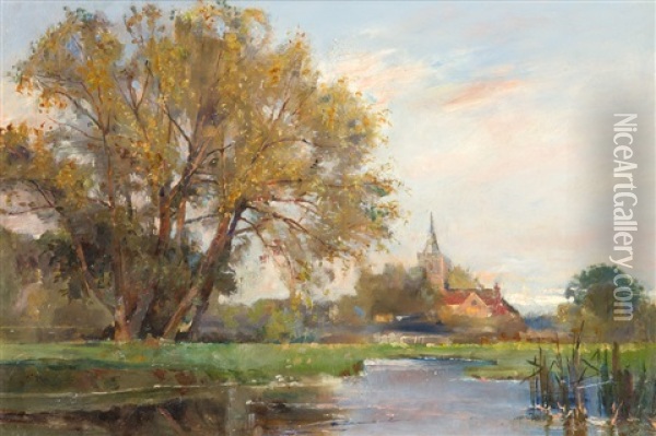 Englische Flusslandschaft Mit Dorfkirche Oil Painting - Sidney Grant Rowe