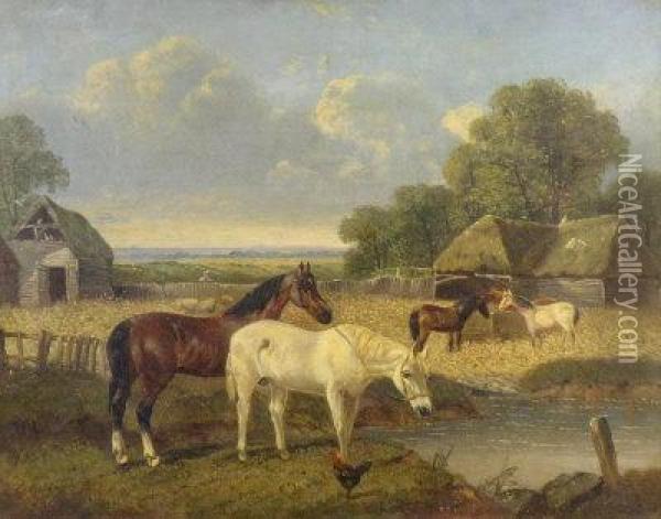 Horses In A Meadow Oil Painting - John Frederick Herring Snr