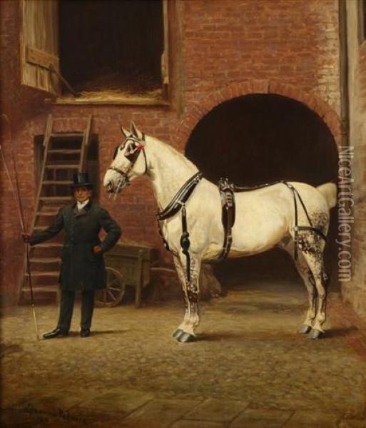 Harnessed Grey Horse With Attendant Coachman Oil Painting - James Lynwood Palmer