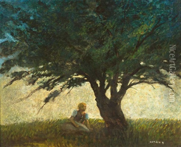 Madchen Unter Einem Baum Auf Einer Wiese Sitzend Oil Painting - Karoly Kotasz