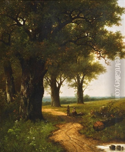 Auf Dem Feldweg Unter Grosen Eichen Oil Painting - Hendrik Pieter Koekkoek