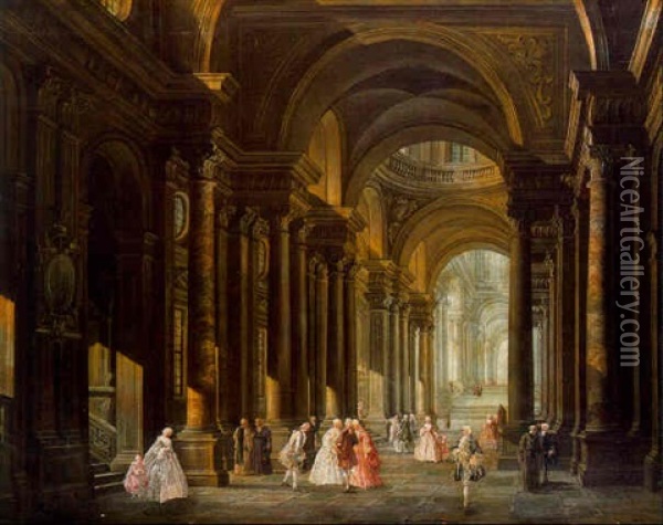 The Atrium Of A Cathedral With Ladies And Gentlemen Promenading Oil Painting - Pierre Antoine Demachy
