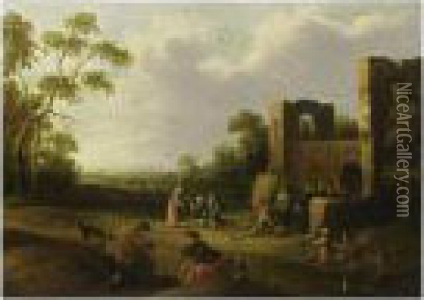 A Landscape With Figures Entering A Village, Other Figures With Dogs In The Foreground Oil Painting - Joost Cornelisz. Droochsloot