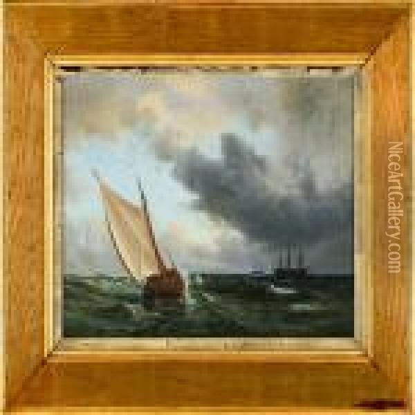 Marine With Sailing Ships On Open Sea Oil Painting - Anton Melbye