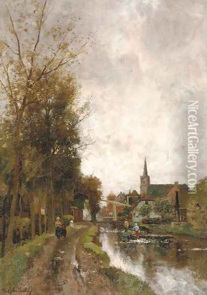 Houses along a river Oil Painting - Fredericus Jacobus Van Rossum Chattel