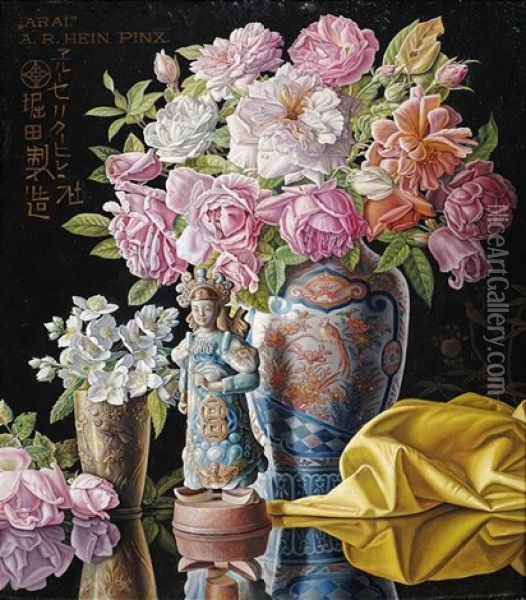 Arai. Stilleben Mit Blumen In Asiatischen Vasen Und Einer Figurine Auf Lacktisch Oil Painting - Alois Raimund Hein