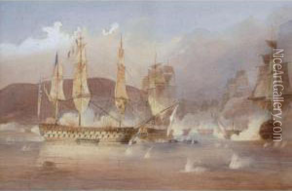A Naval Engagement Oil Painting - John Christian Schetky