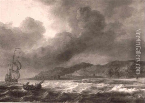 A Dutch Levanter In Choppy Seas Off The Coast Oil Painting - Jan Theunisz Blankerhoff