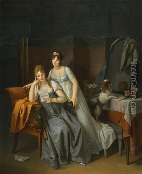 Two Ladies In An Interior Reading A Letter, With A Dog On A Bench Looking Into A Mirror Oil Painting - Marguerite Gerard