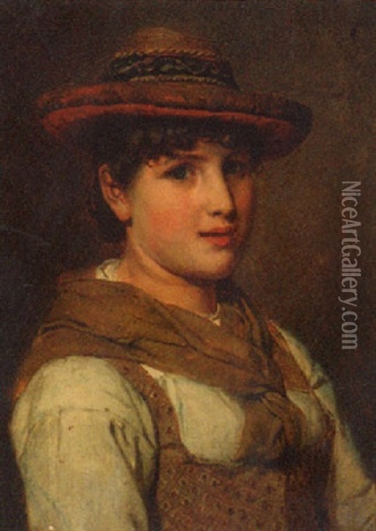 A Portrait Of A Young Lady Wearing A Hat Oil Painting - Adolf Eberle