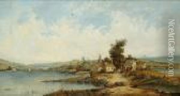 An Extensive Landscape With Cottages By A Lake Oil Painting - Henry Harold Vickers