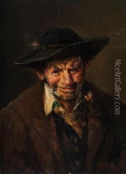 Brustbild Eines Alten Bauern Mit Braunem Hut Und Pfeife Oil Painting - Franz Von Defregger