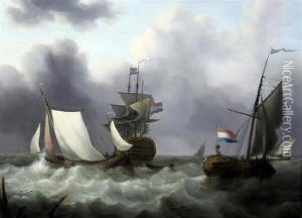 Dutch Shipping In A Heavy Swell Oil Painting - Johannes Hermanus Koekkoek