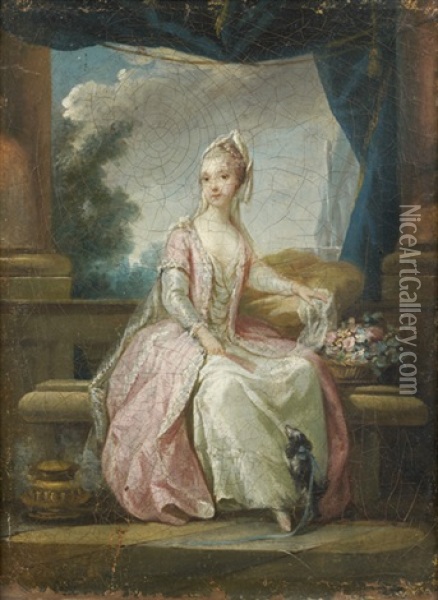 Jeune Femme Avec Un Petit Chien Dans Une Alcove Oil Painting - Charles Amedee Philippe van Loo