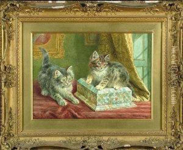 Two Kittens Playing With A Mother-of-pearl Jewellery-box Oil Painting - Wilson Hepple