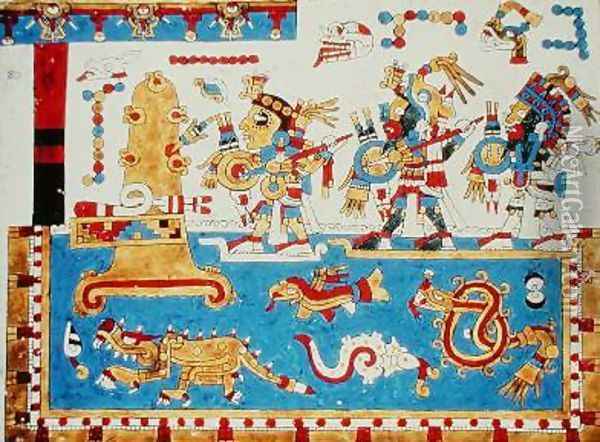 Warrior Leaders Canoe on a Lake Inhabited by Monster Fish in Order to Capture an Island Oil Painting - Mixtec