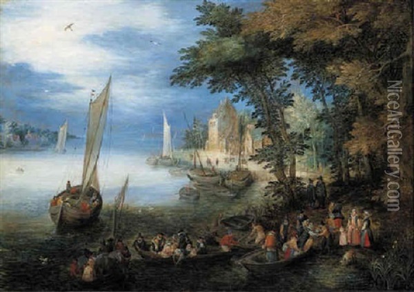 A River Landscape With A Ferry Arriving Near A Landingstage, A Sailing Vessel Nearby Oil Painting - Jan Brueghel the Elder