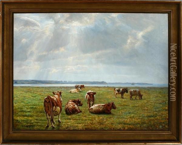 Cows On A Field In The Sunlight Oil Painting - Niels Pedersen Mols