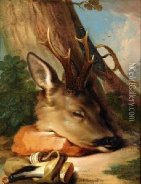 Nature Morte Med Hjorthuvud Oil Painting - Franz Stober