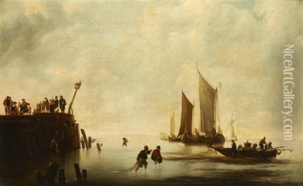 Fishermen Unloading Their Catch At Low Tide With A Crowd On A Jetty And Shipping Beyond Oil Painting - Jan Van De Cappelle