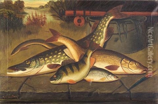 Salmon And Trout For The Laird's Dinner Party (+ A Tribute From The River; Pair) Oil Painting - A. Roland Knight
