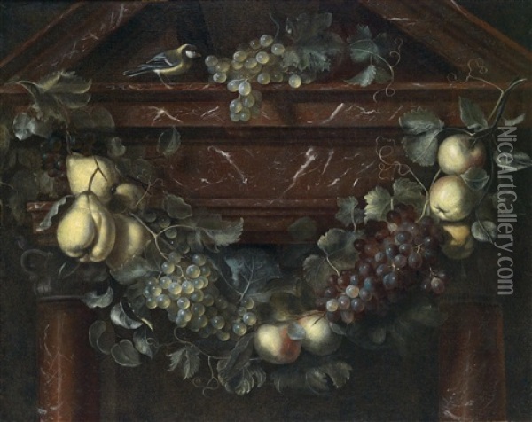 Girlande Aus Apfeln, Birnen Und Trauben Uber Einem Marmortympanon Oil Painting - Gillis Gillisz. de Berch
