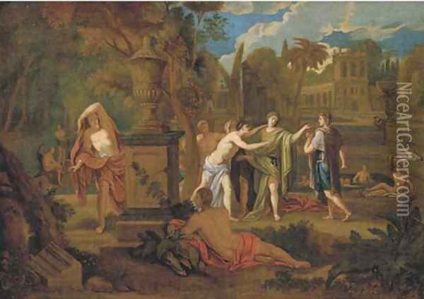 Figures bathing in a classical landscape Oil Painting - Nicolas Poussin