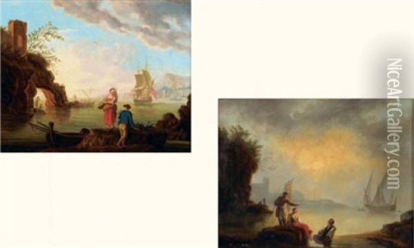 Les Pecheurs (+ Another, Similar, 1856; 2 Works After Joseph Vernet) Oil Painting - Stanislas Lepine