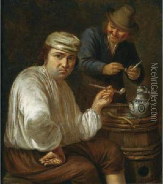 A Peasant Seated Next To A Barrel Smoking A Pipe, Another Onestanding Behind Him Preparing A Pipe Oil Painting - Mathijs Wulfraet