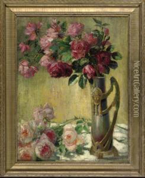 Still Life With Roses In An Ornate Vase Oil Painting - Theodore P. Modra