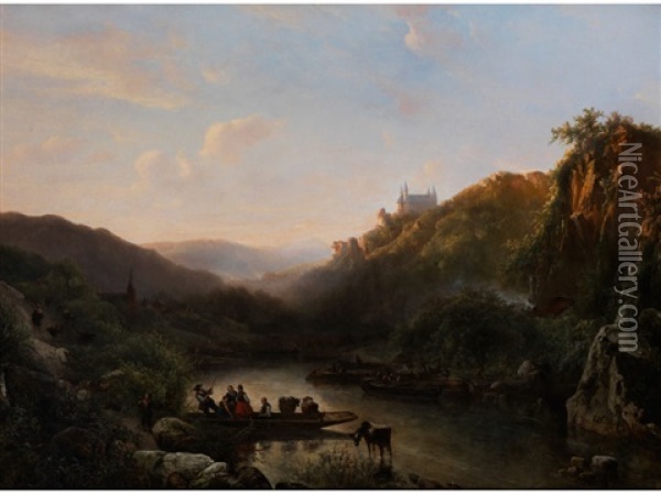Flussfahren Vor Einem Berghang Mit Klosterkirche Oil Painting - Abraham Van Der Wayen Pieterszen