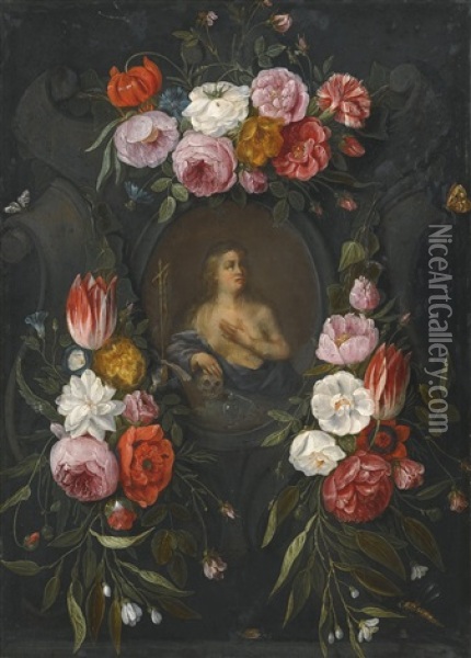 Saint Mary Magdalene In A Stone Cartouche Surrounded By A Garland Of Flowers Oil Painting - Jan van Kessel the Elder