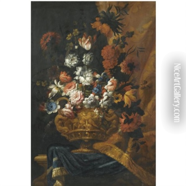 Still Life With Flowers In An Elaborate, Sculpted Bronze Urn, Resting On A Stone Ledge Oil Painting - Pieter Casteels III
