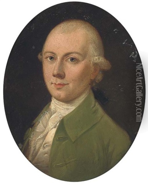Portrait Of A Gentleman, Small Bust-length, In A Green Coat (+ Portrait Of A Lady, Small Bust-length, In A White Lace Bonnet; Pair) Oil Painting - Joshua Murray