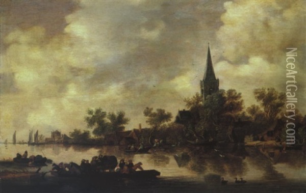 Flusslandschaft Mit Fahrboot Oil Painting - Pieter de Neyn