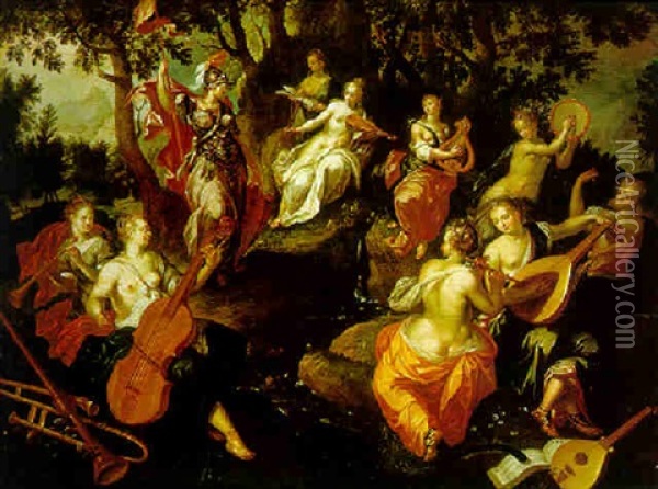 Minerva Visiting The Muses On Mount Helicon Oil Painting - Hendrick De Clerck