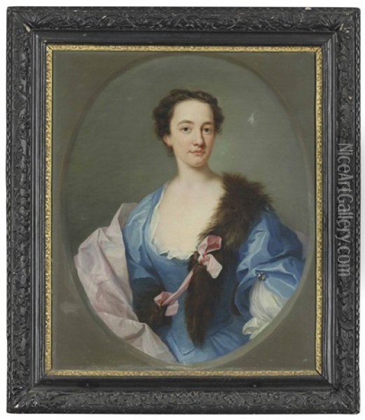 Portrait Of A Lady, Half-length, In A Blue Dress, Pink Wrap And Fur Stole, In A Feigned Oval Oil Painting - Andrea Soldi