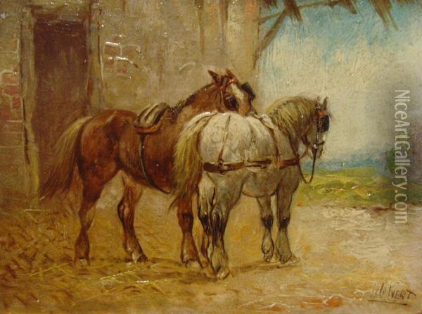 Paarpferde Vor Dem Stall Oil Painting - Henry Calvert