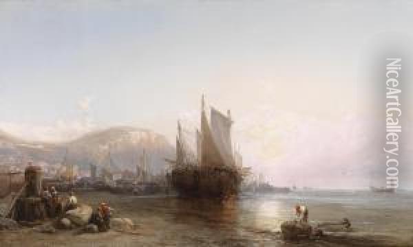 Coastallandscape With Fishing Boats Oil Painting - James Webb