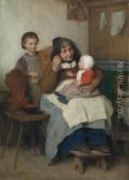 Grandmother Spooning The Soup To Her Grandchild Oil Painting - Albert Anker
