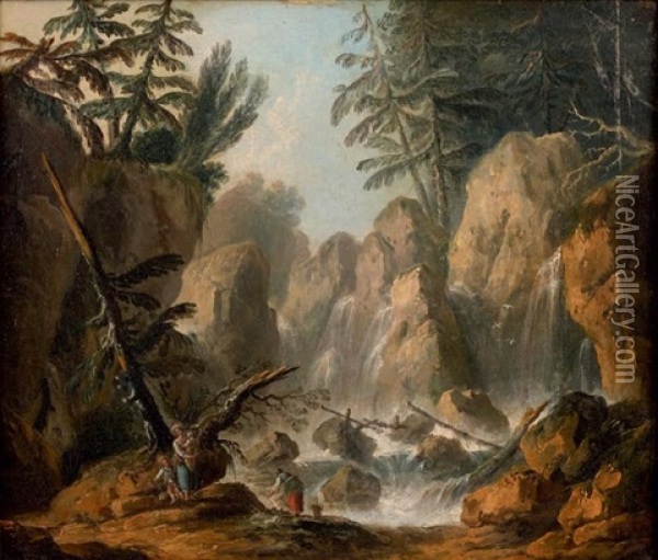 Lavandieres Au Bord D'une Cascade De Montagne Oil Painting - Louis-Philippe Crepin