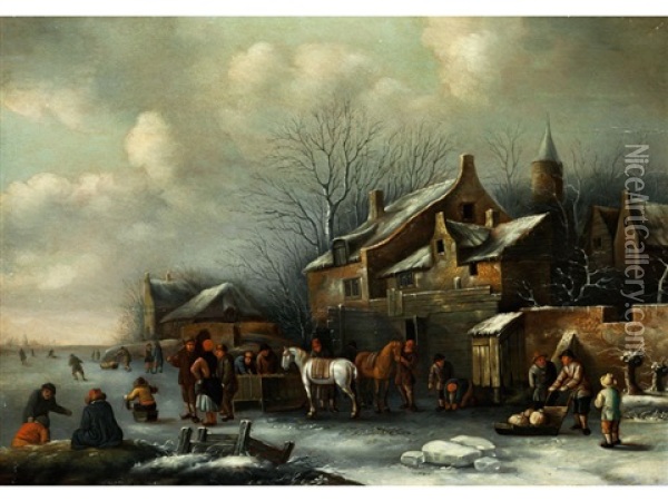 Winterlandschaft Mit Figuren Und Pferden Oil Painting - Nicolaes Molenaer