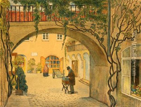 Prager Hof Mit Leierkastenmann Oil Painting - Emil Orlik