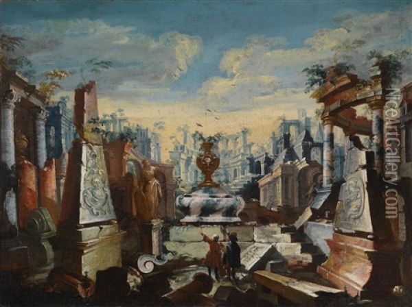 Architektur-capriccio: Zwei Manner In Betrachtung Antiker Ruinen Oil Painting - Antonio Stom