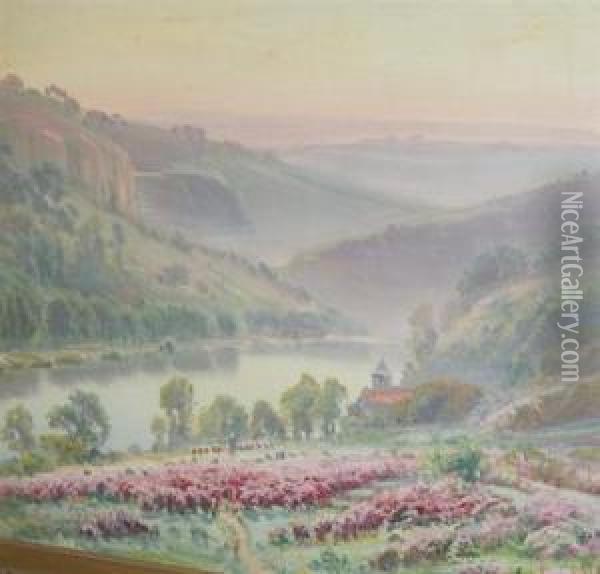 Mountain Valley At Sunset Oil Painting - Gaston Anglade
