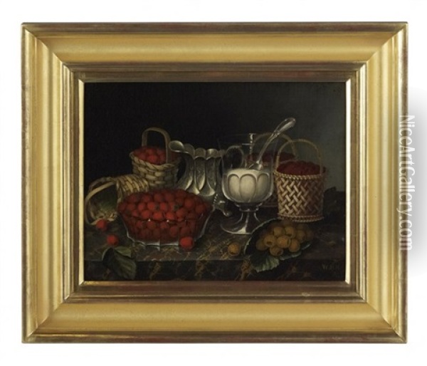 Still Life With Raspberries, A Silver Milk Jug And A Glass Of Sugar, On A Marble Slab Oil Painting - William H. Hoyt