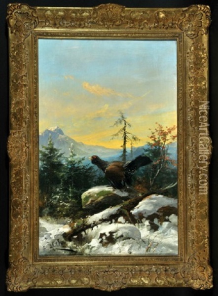 Auerhahn Im Bergwald Mit Altschnee Oil Painting - Julius Scheuerer